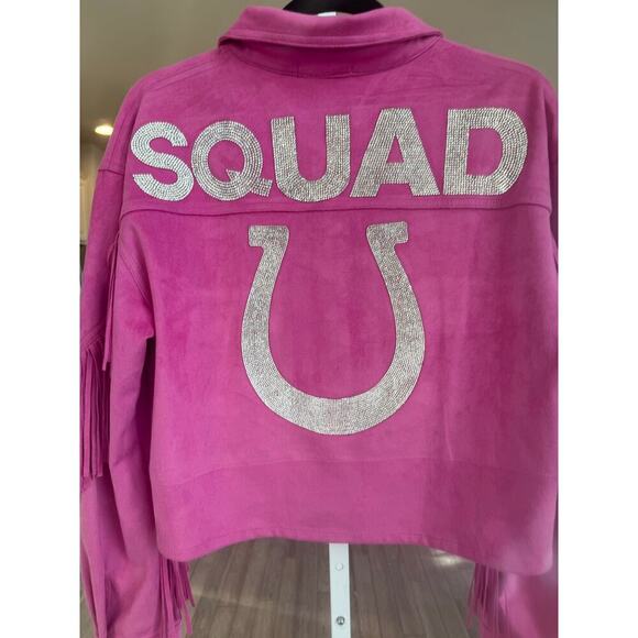 Judith March Pink Faux Suede Squad Rhinestone Fringe Western snaps Omega Shirt - Picture 11 of 11